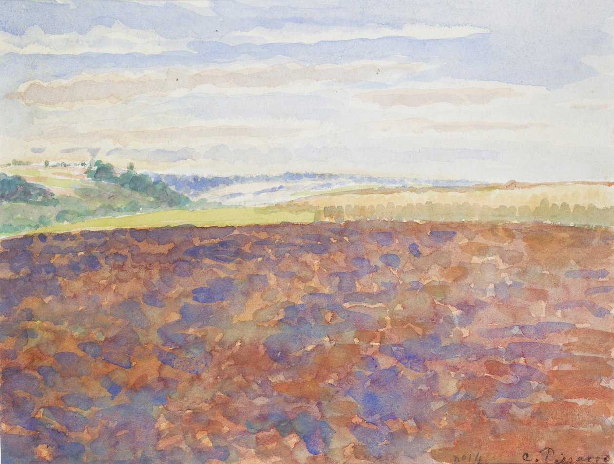 Studie av ett landskap med en plöjd åker, Eragny-sur-Epte, c1886-1890 av Camille Pissarro