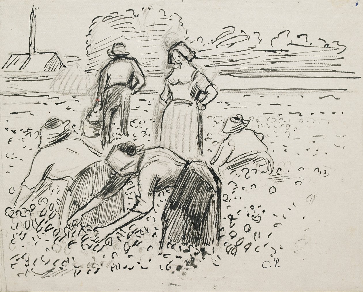 Studie av fem bondefigurer som arbetar på en åker, 1887 av Camille Pissarro