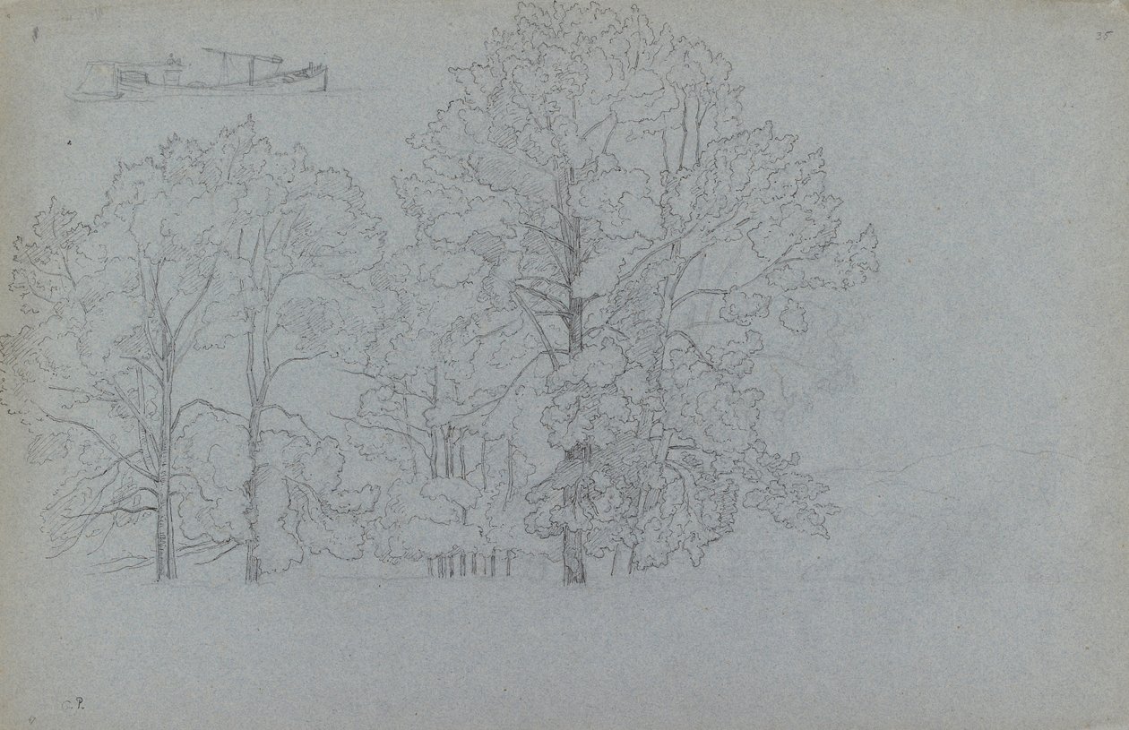 Studie av träd, med en liten studie av en pråm, 1859 av Camille Pissarro