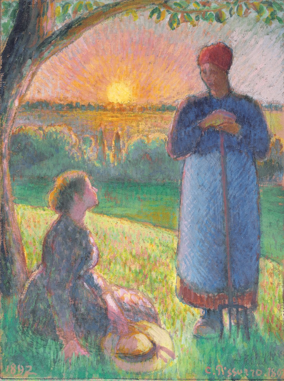 Talande bönder, Solnedgång, Eragny av Camille Pissarro