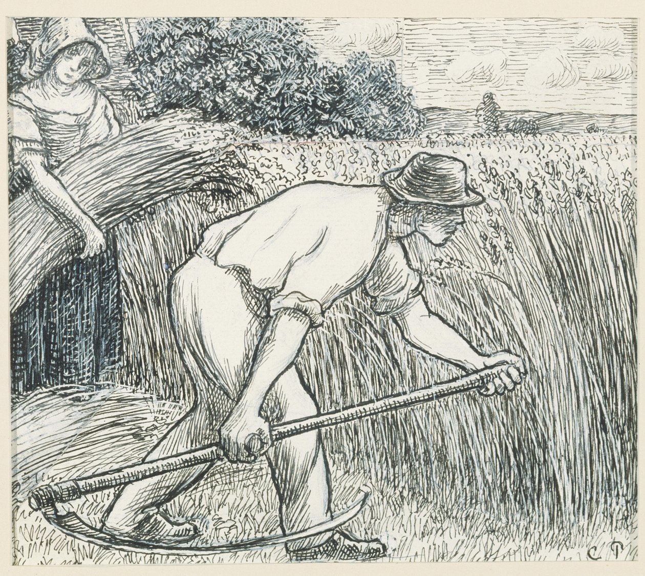 The Harvest, ca 1895 (penna och bläck med blyvit gouache på papper) av Camille Jacob Pissarro