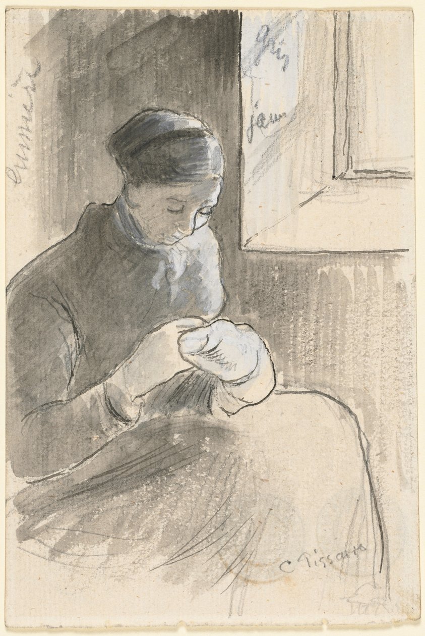 The Mender, ca 1881 (penna  svart bläck, pensel och grå tvätt över grafit förstärkt med vit gouache) av Camille Pissarro