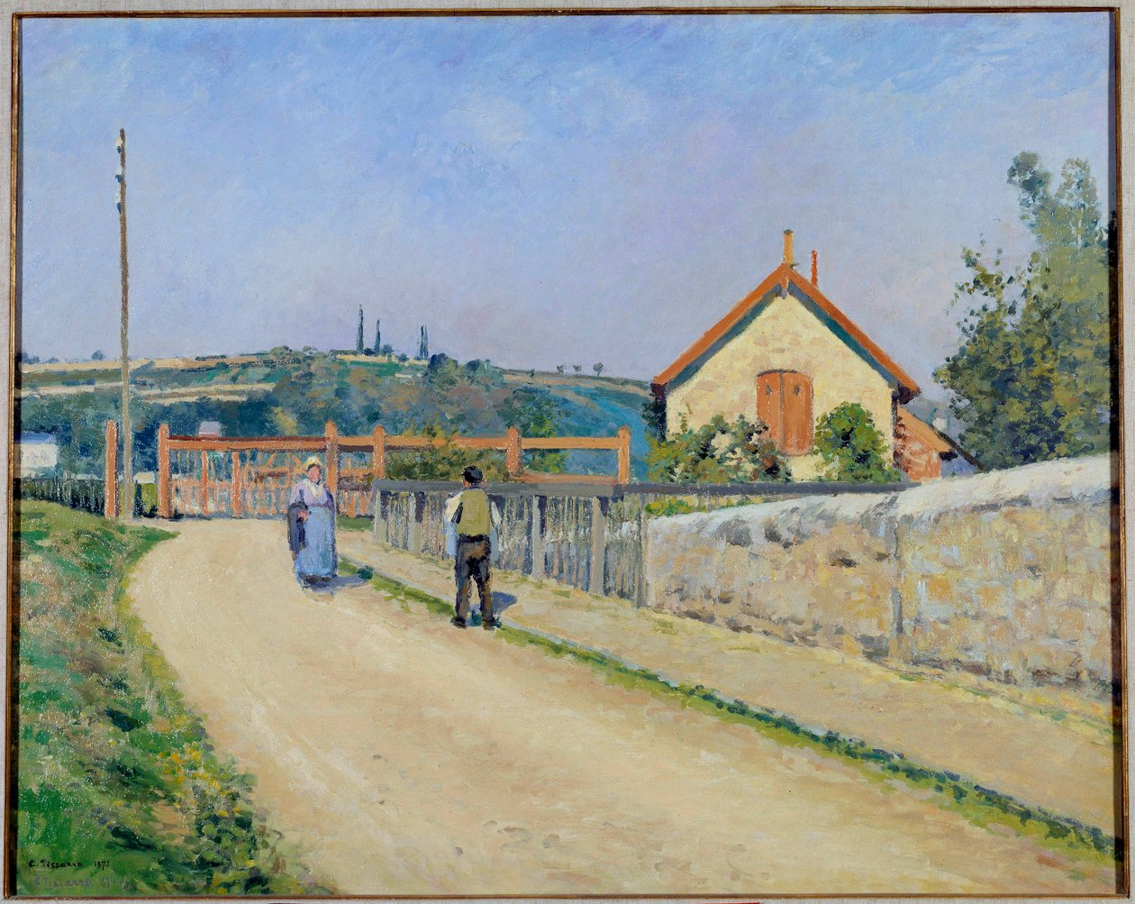Järnvägsbarriären vid Patis, nära Pontoise Målning av Camille Pissarro (1830-1903) 1873 Washington. Phillips samling av Camille Jacob Pissarro