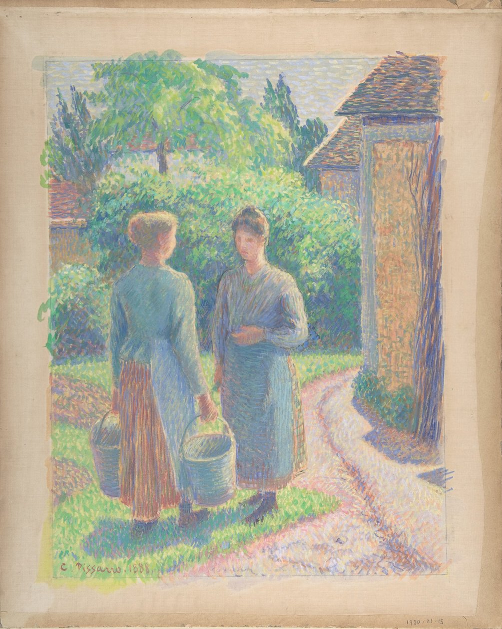 Två kvinnor i en trädgård, 1888. av Camille Pissarro