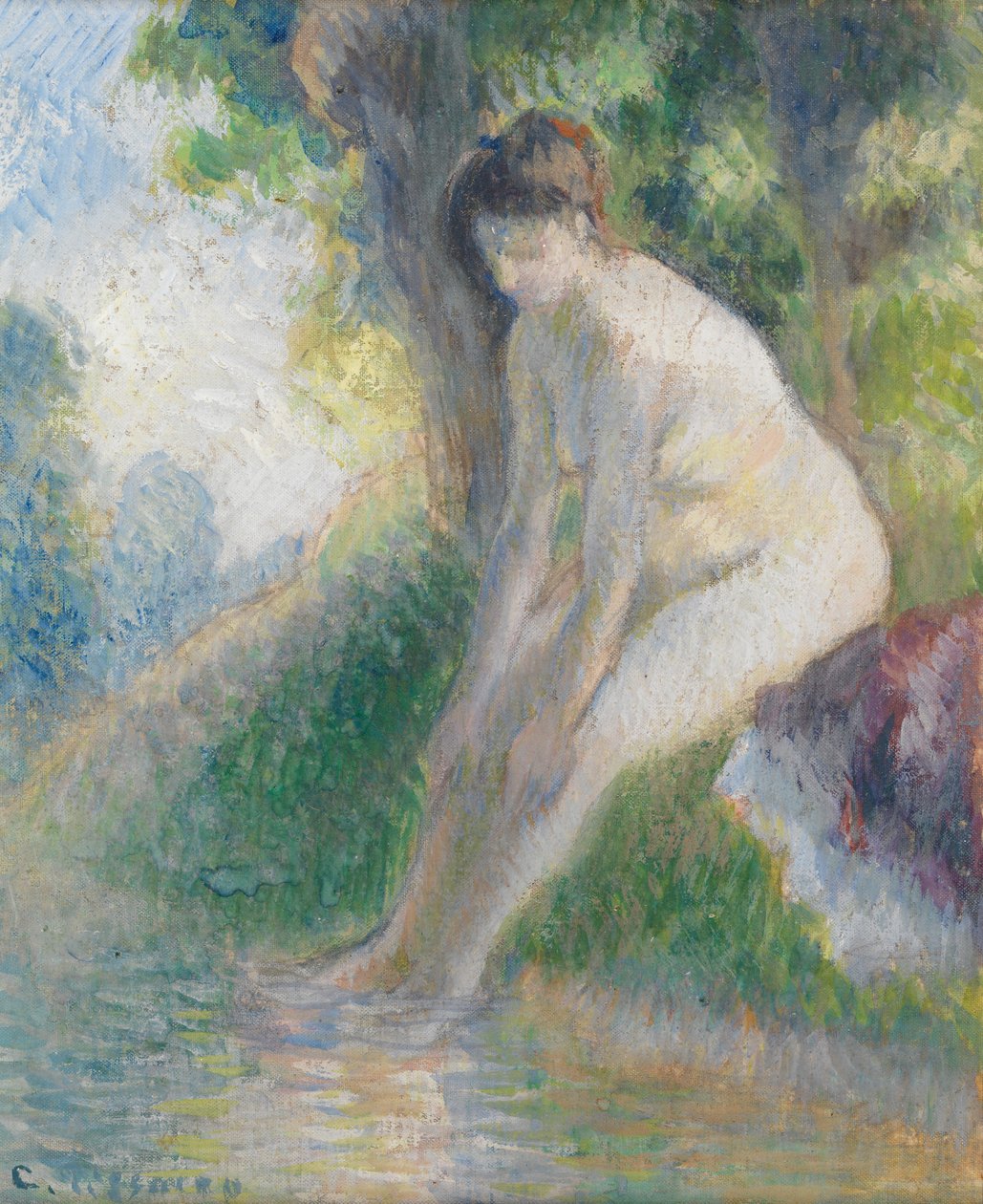 Kvinna som sitter på strömstranden, ca 1895 (gouache ombord) av Camille Pissarro