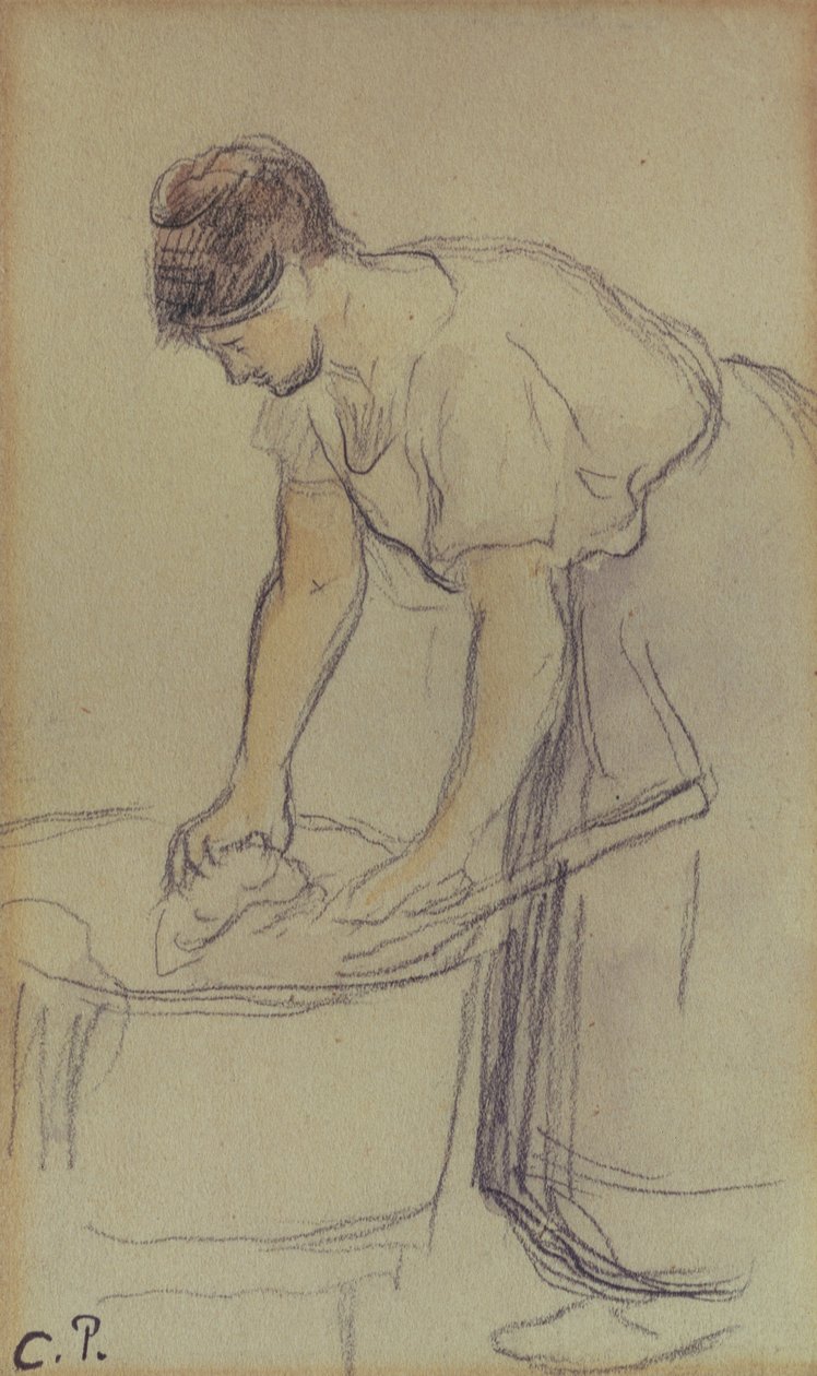 Kvinna tvättar tvätt (akvarell och penna på papper) av Camille Pissarro