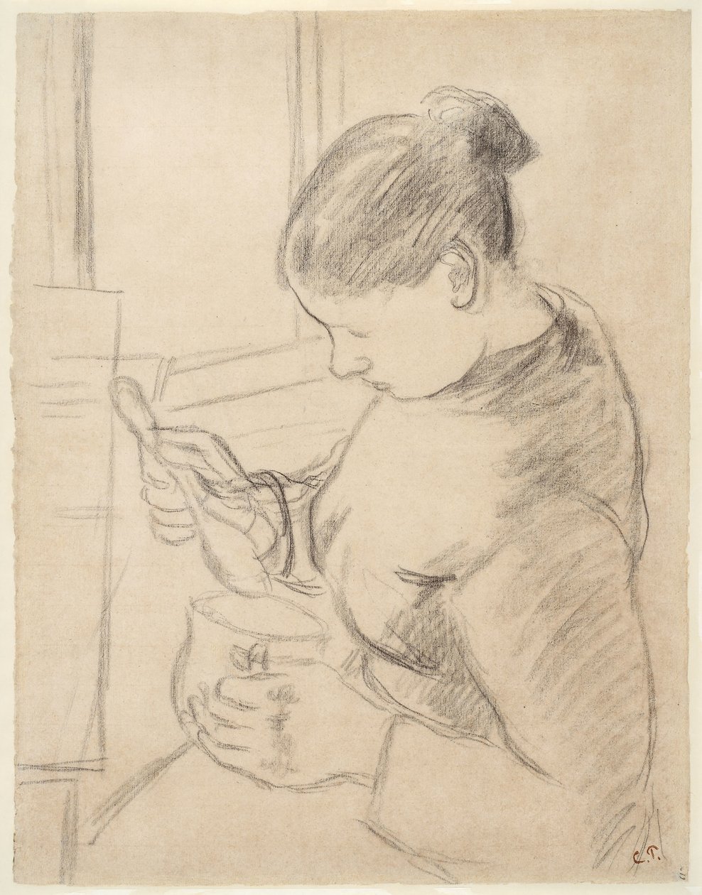 Ung bonde som har hennes kaffe av Camille Pissarro