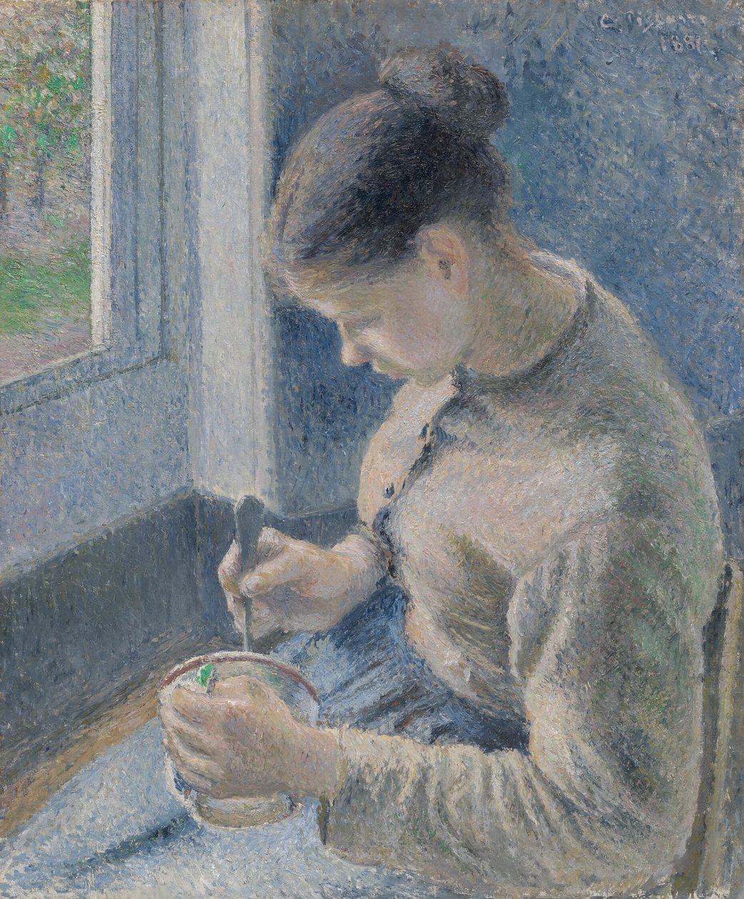 Ung bonde dricker sitt kaffe av Camille Pissarro