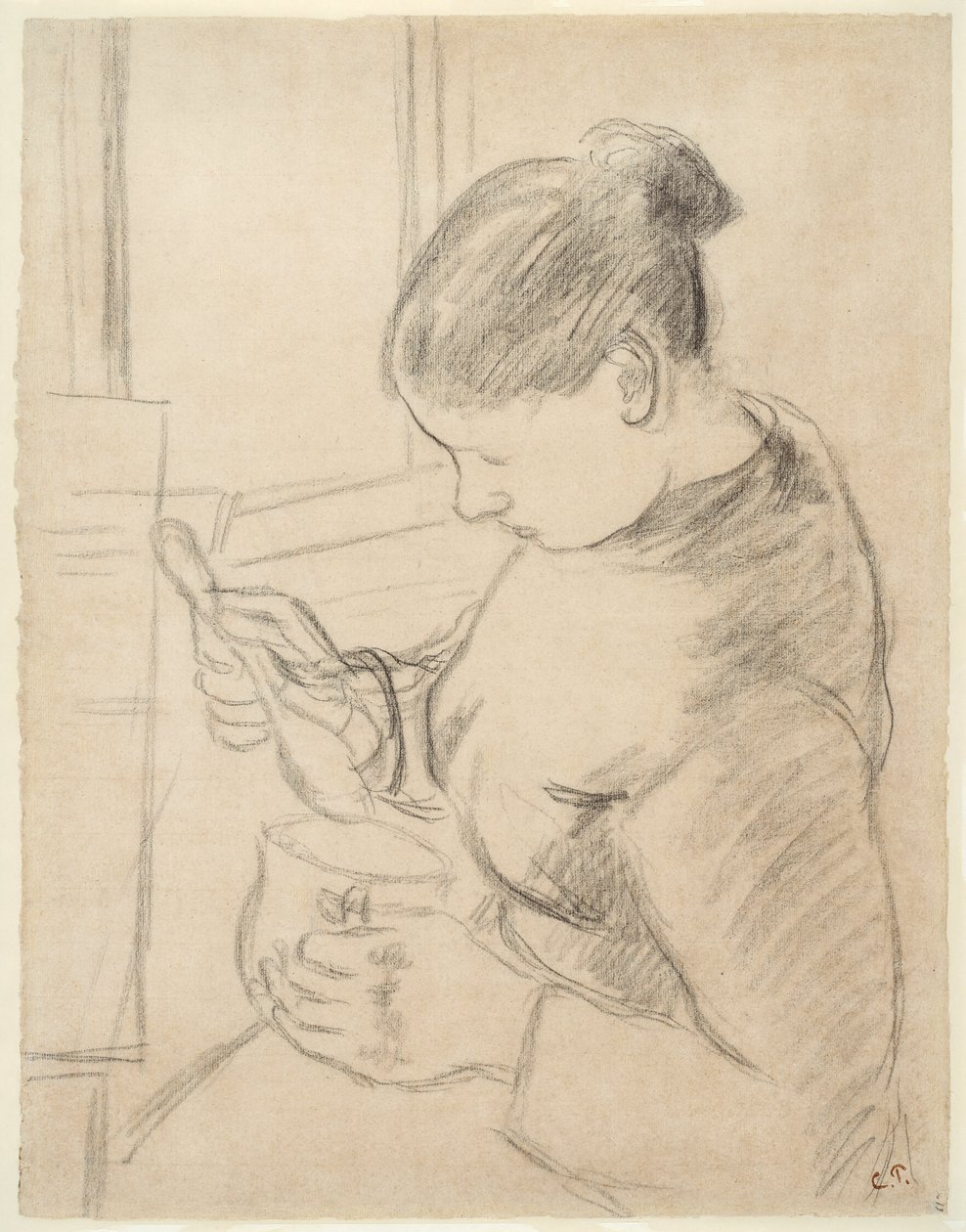 Ung bonde dricker sitt kaffe av Camille Pissarro