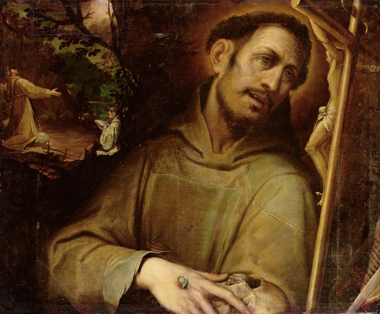 Saint Francis Adoring the Cross with the Stigmatization of Saint Francis Beyond (olja på duk) av Camillo (after) Procaccini