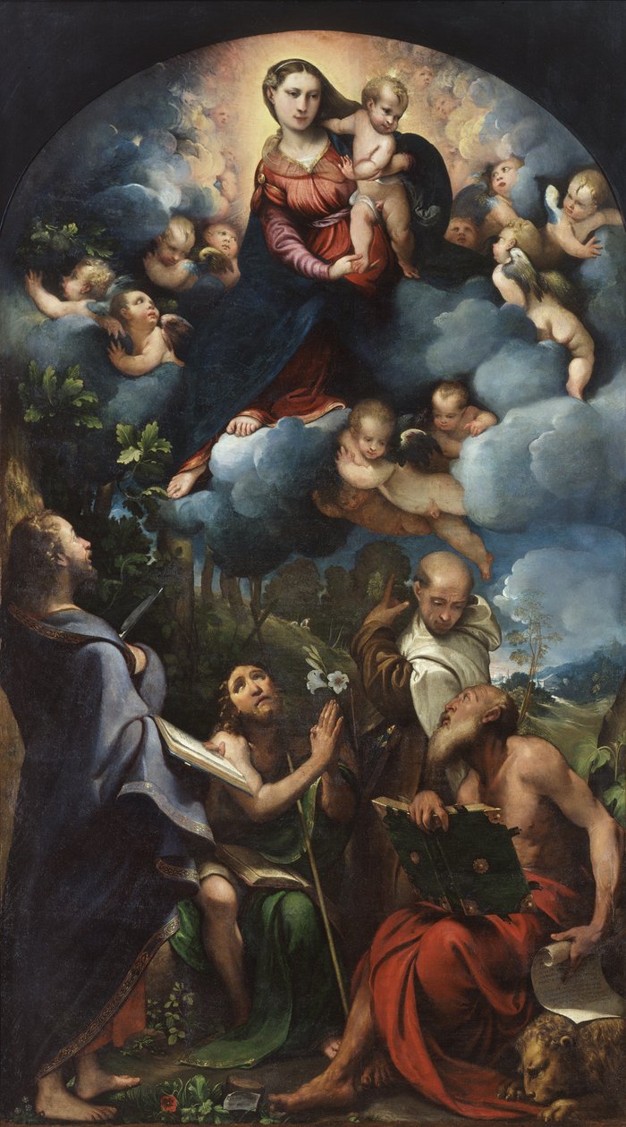 Madonna och barn i ära med den helige Bartolomeus, den helige Johannes döparen, den helige Albert och den helige Hieronymus av Camillo Boccaccino