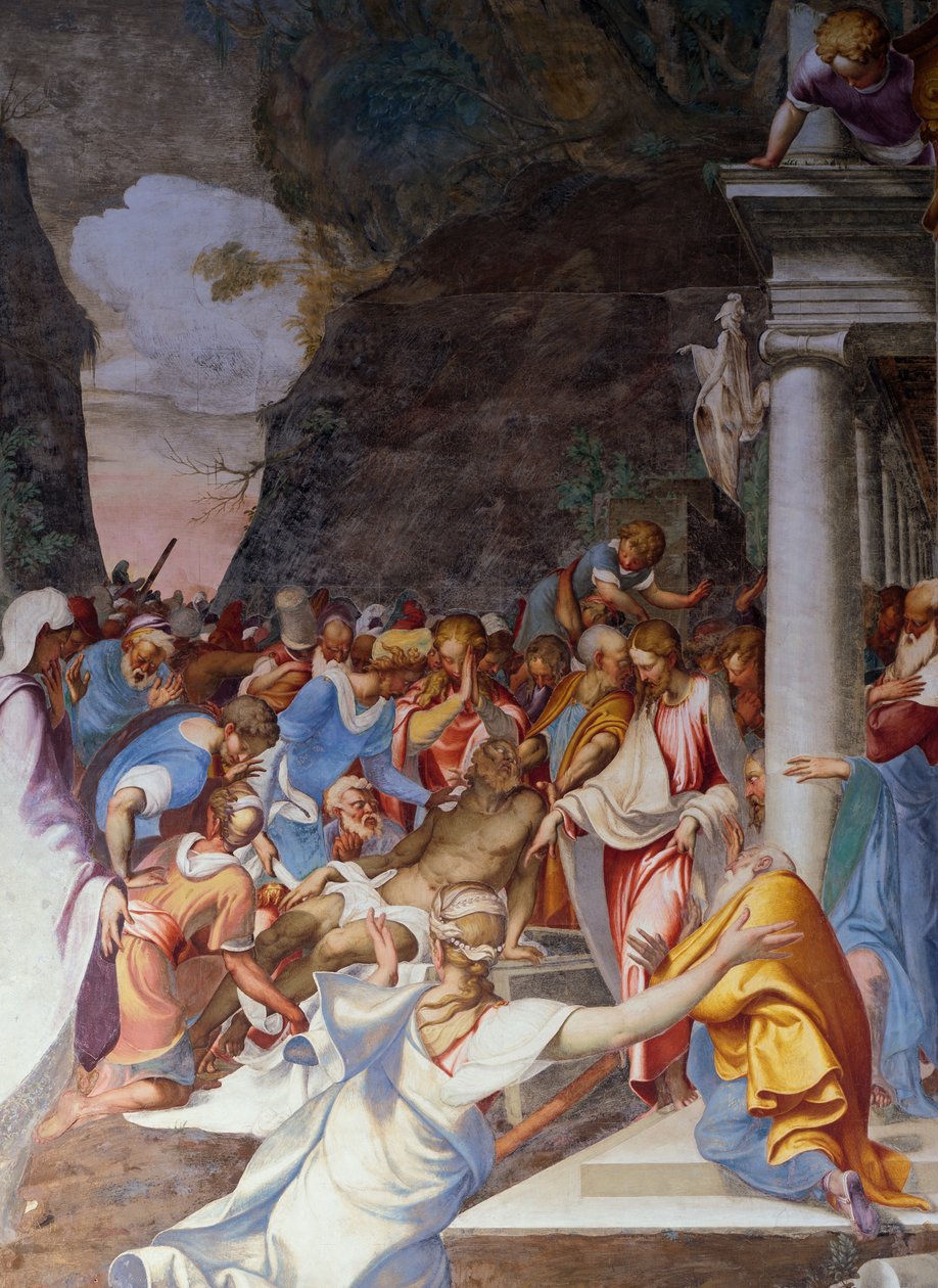 Lazarus uppståndelse, fresk av Camillo Boccaccino (1501-1546), Saint Sigismondos kyrka, Cremona, Lombardiet, Italien av Camillo Boccaccino