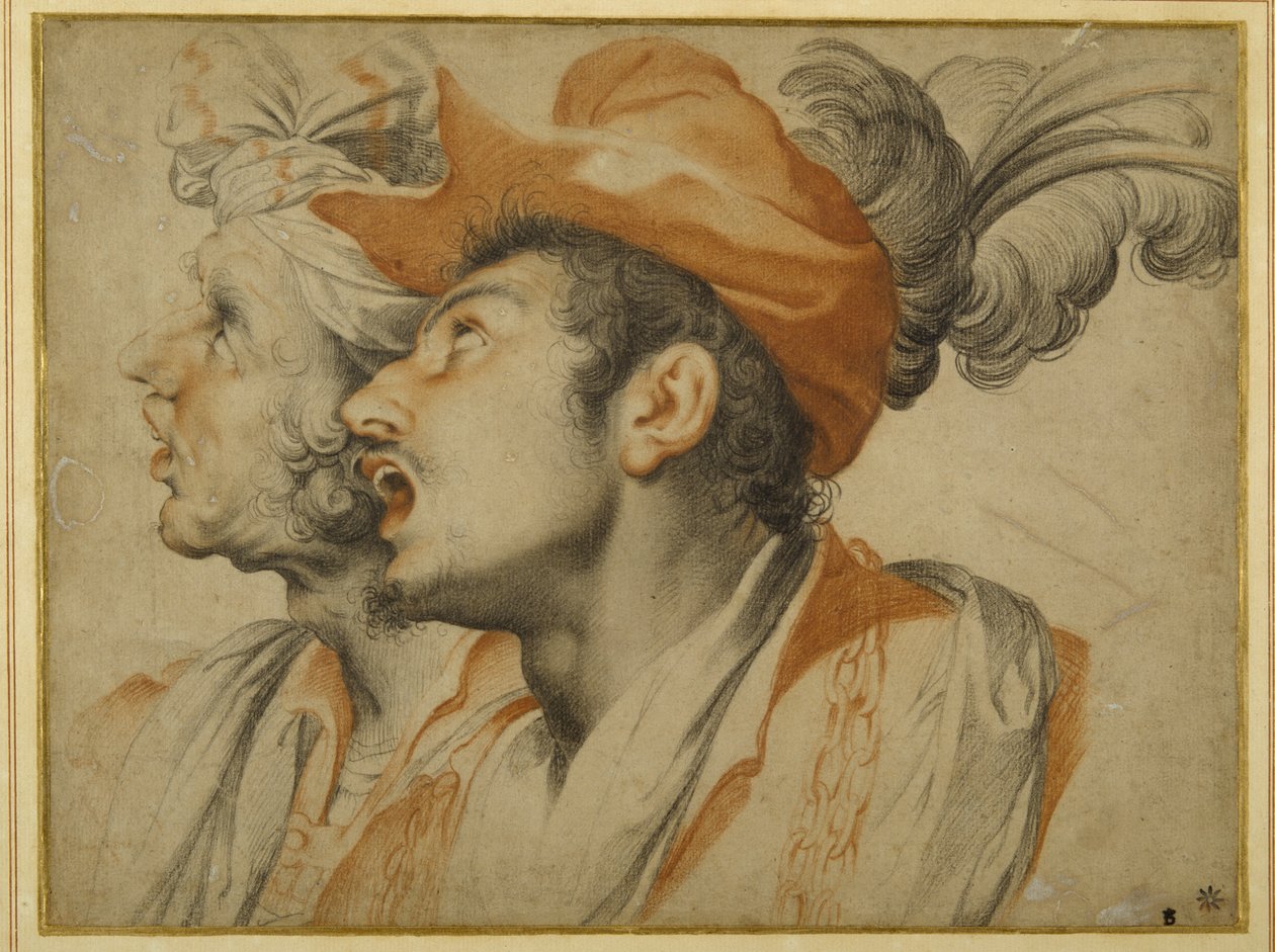 Grotesquerie av två moderikt klädda män som sjunger (svarta och röda krita på vitt papper) av Camillo Procaccini
