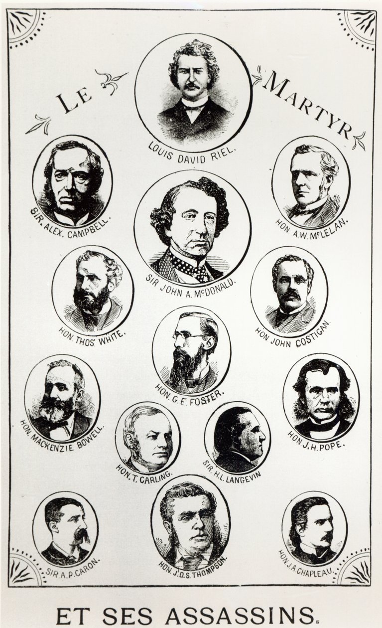 Louis Riel (1844-85) och hans lönnmördare, illustration från Le Gibet de Regina, publicerad 1886 av Canadian School