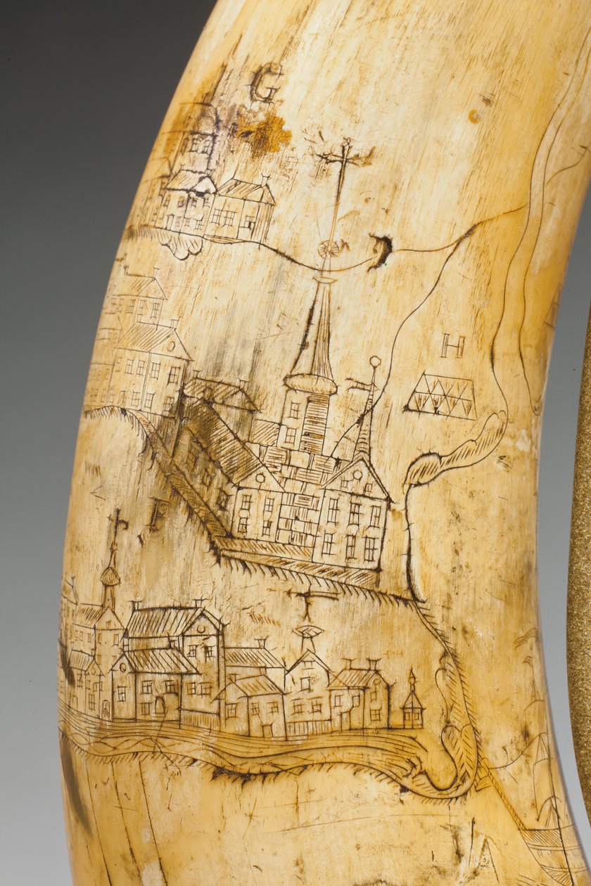 Pulverhorn, graverad med en karta över St. Lawrence River i området Quebec, ca 1759 av Canadian School