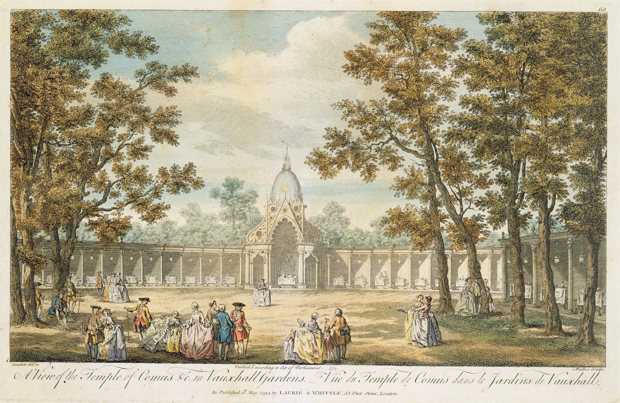 En utsikt över Comus-templet vid Vauxhall Gardens, graverad av Muller, återutgiven 1794 av Canaleti