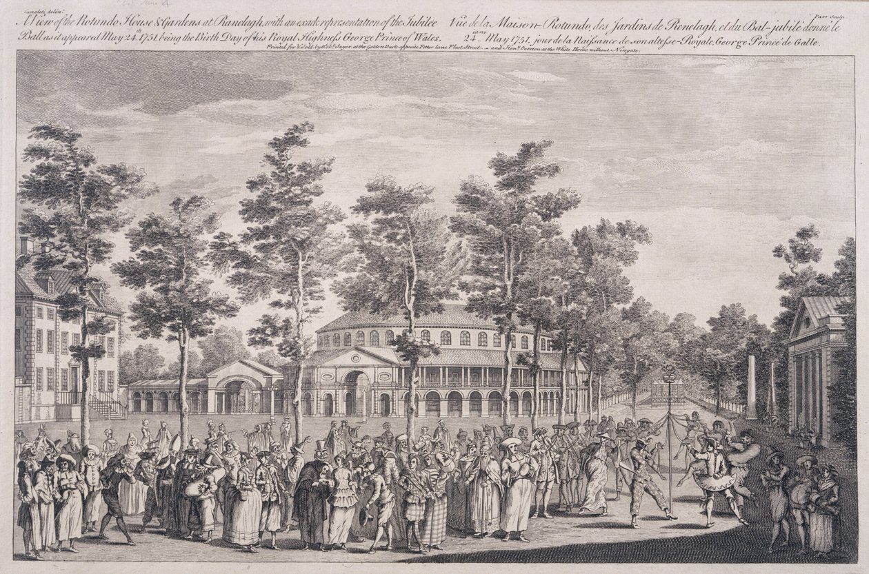 Utsikt över Rotundan, Ranelagh House, vid en bal för att fira födelsedagen för HRH, prinsen av Wales, 24 maj 1751, graverad av Parr av Canaleti