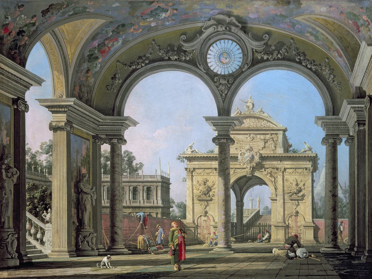 Capriccio av en triumfbåge sedd genom ett utsmyckat valv, ca 1750 av Giovanni Antonio Canal
