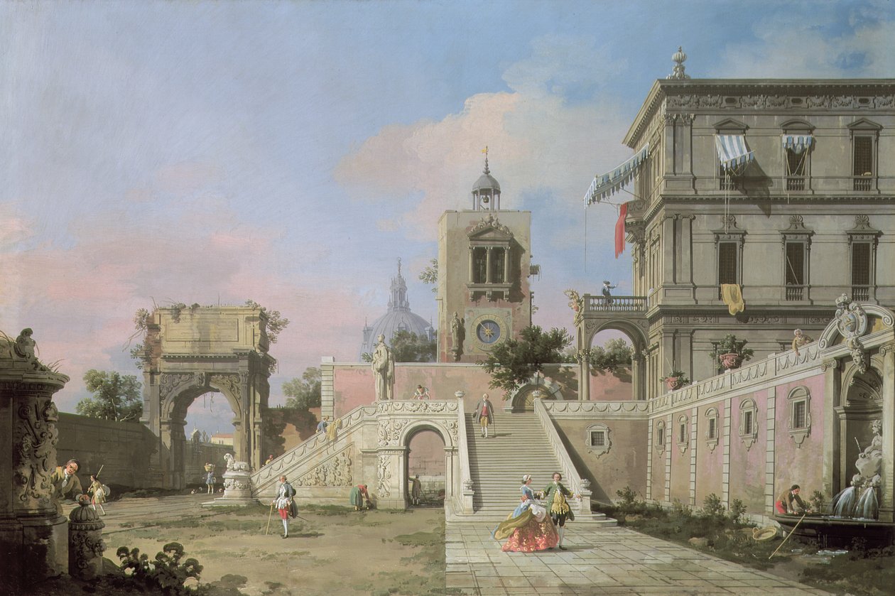 Capriccio av dubbla trappor som leder till ett palats, c.1750 av Giovanni Antonio Canal