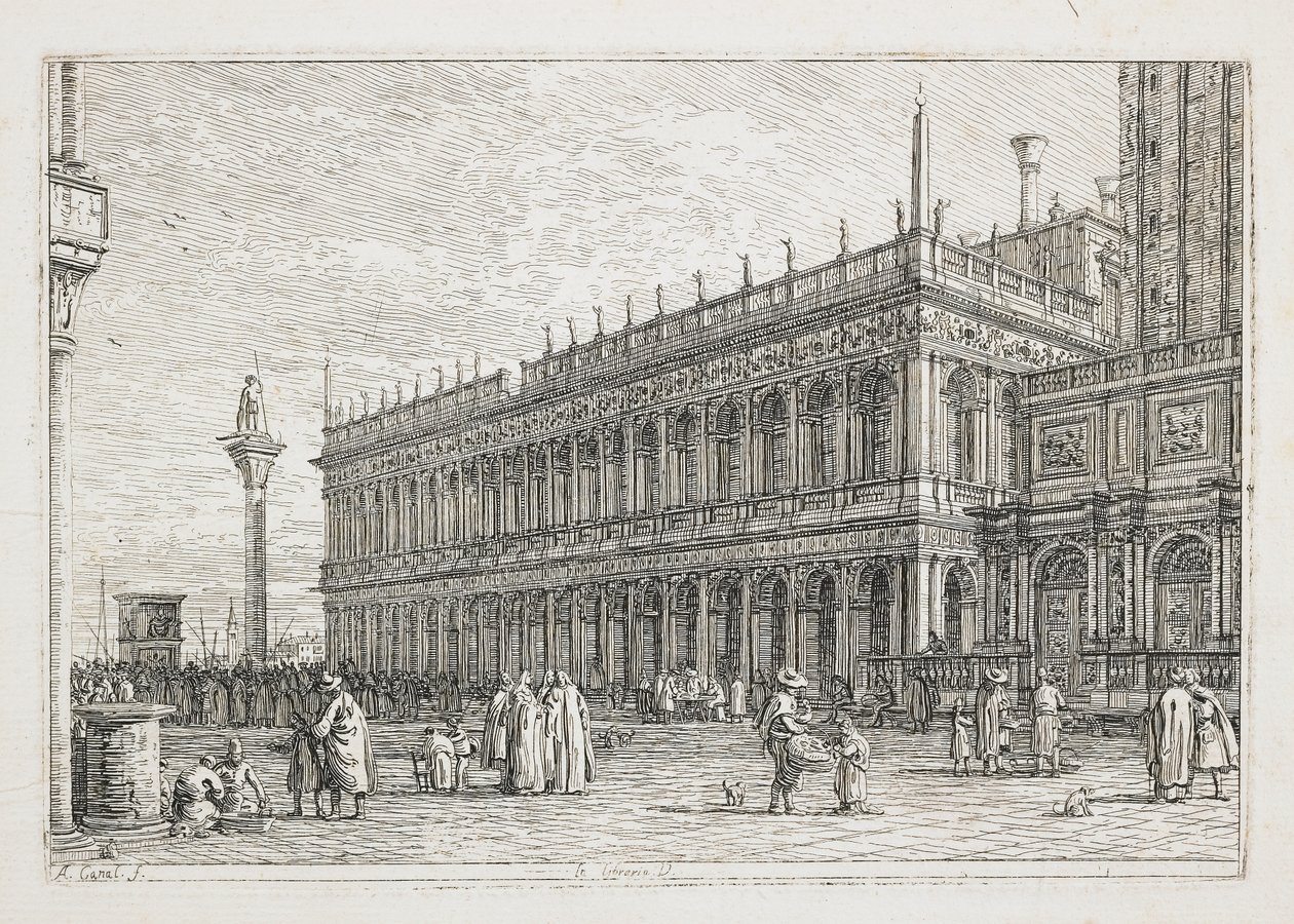 The Bookshop, platta från Views, andra pressar från loughi, andra designade, 1740-1745 av Giovanni Antonio Canal
