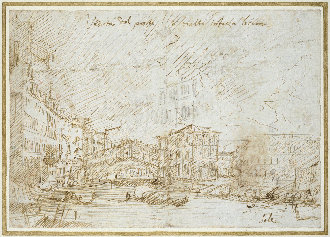Ponte de Rialto (penna och brunt bläck på papper) av Giovanni Antonio Canal