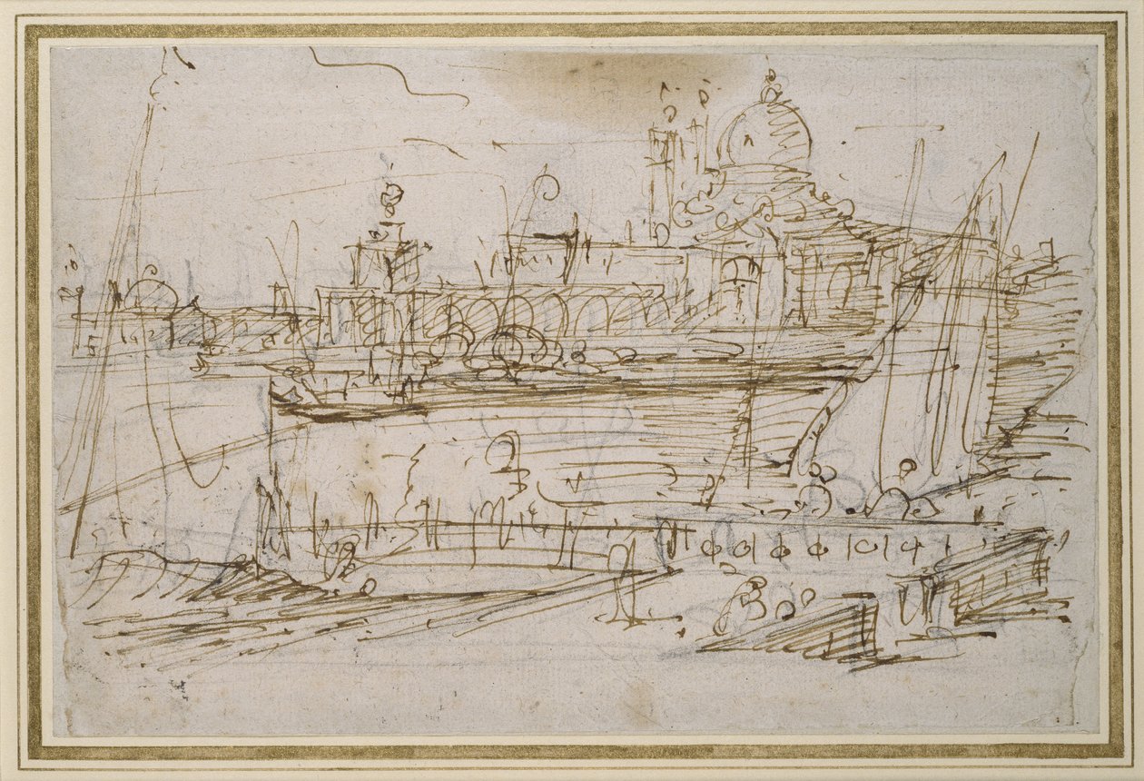 Venedig: Dogana och S. Maria della Salute från Molo di Terranova (penna och brunt bläck över svart krita) av Giovanni Antonio Canal