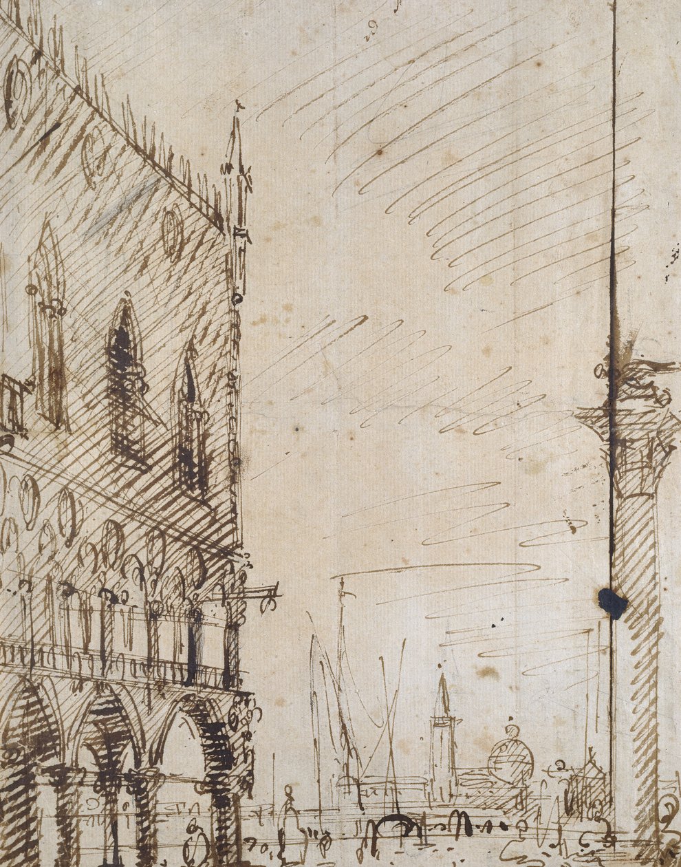 Venedig: Dogepalatsets sydvästra vinkel (Penna och brunt bläck över svaga konturer i svart krita) av Giovanni Antonio Canal