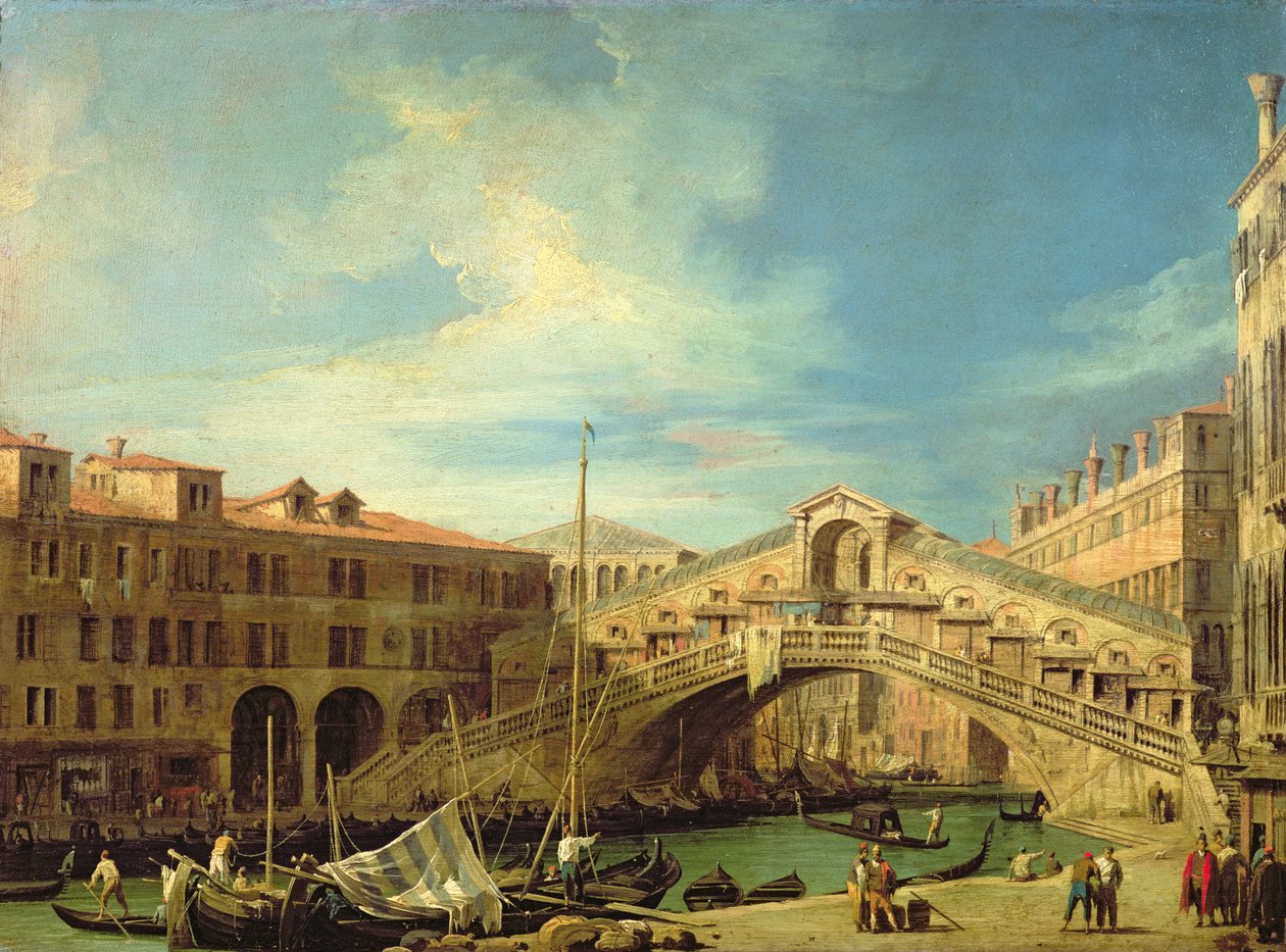 Utsikt över Rialto i Venedig (Utsikt över Rialtobron från söder) (olja på koppar) av Giovanni Antonio Canal