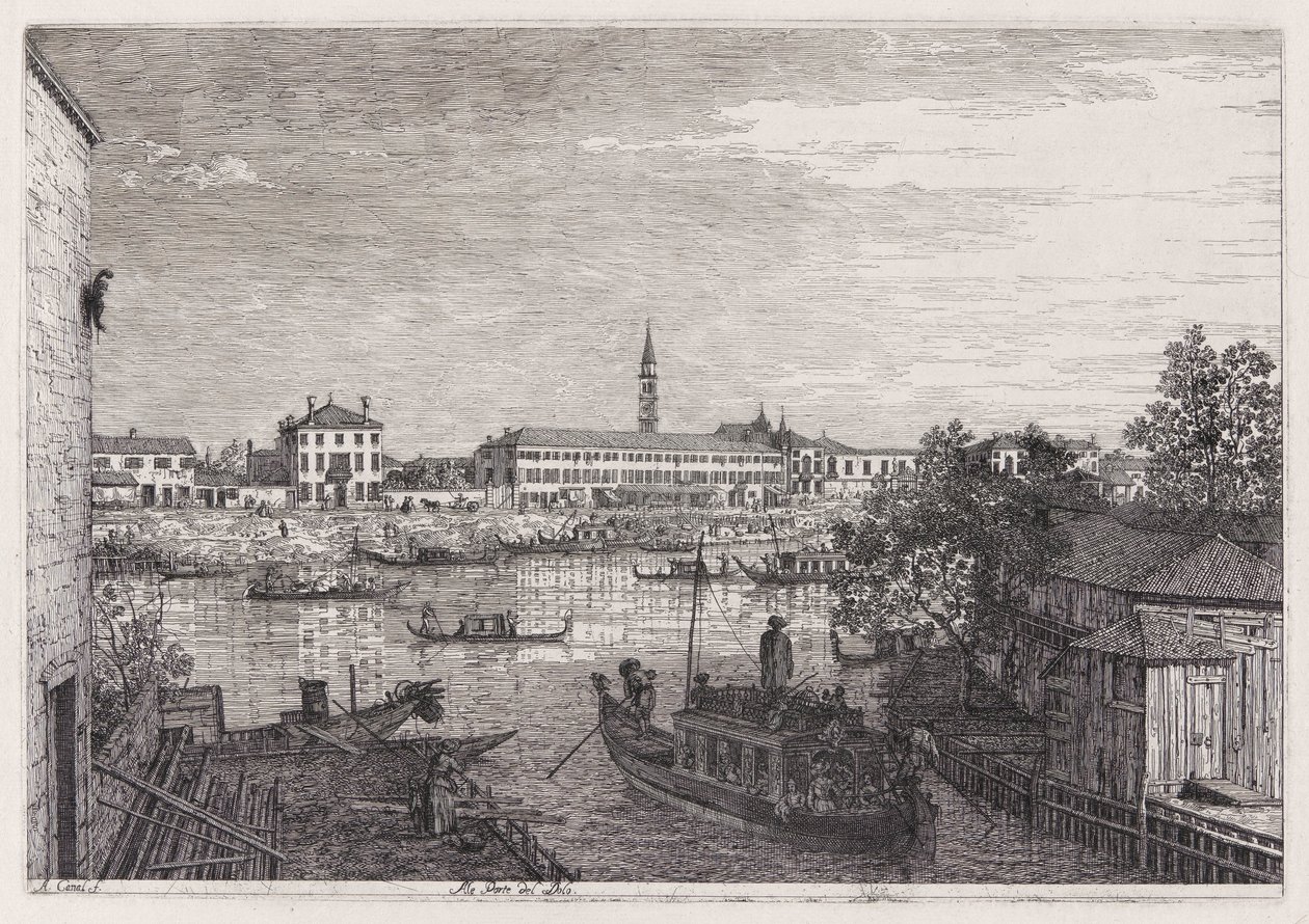 Ale Porte del Dolo (At the Locks of Dolo), från serien Vedute (Views) av Canaletto (Giovanni Antonio Canal)