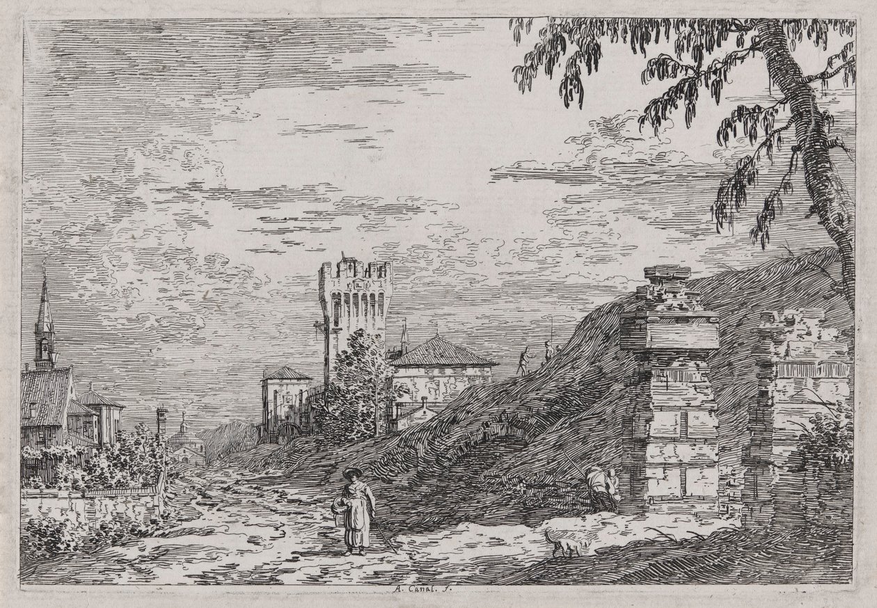 Landskap med torn och två förstörda pelare, från serien Vedute (Views) av Canaletto (Giovanni Antonio Canal)
