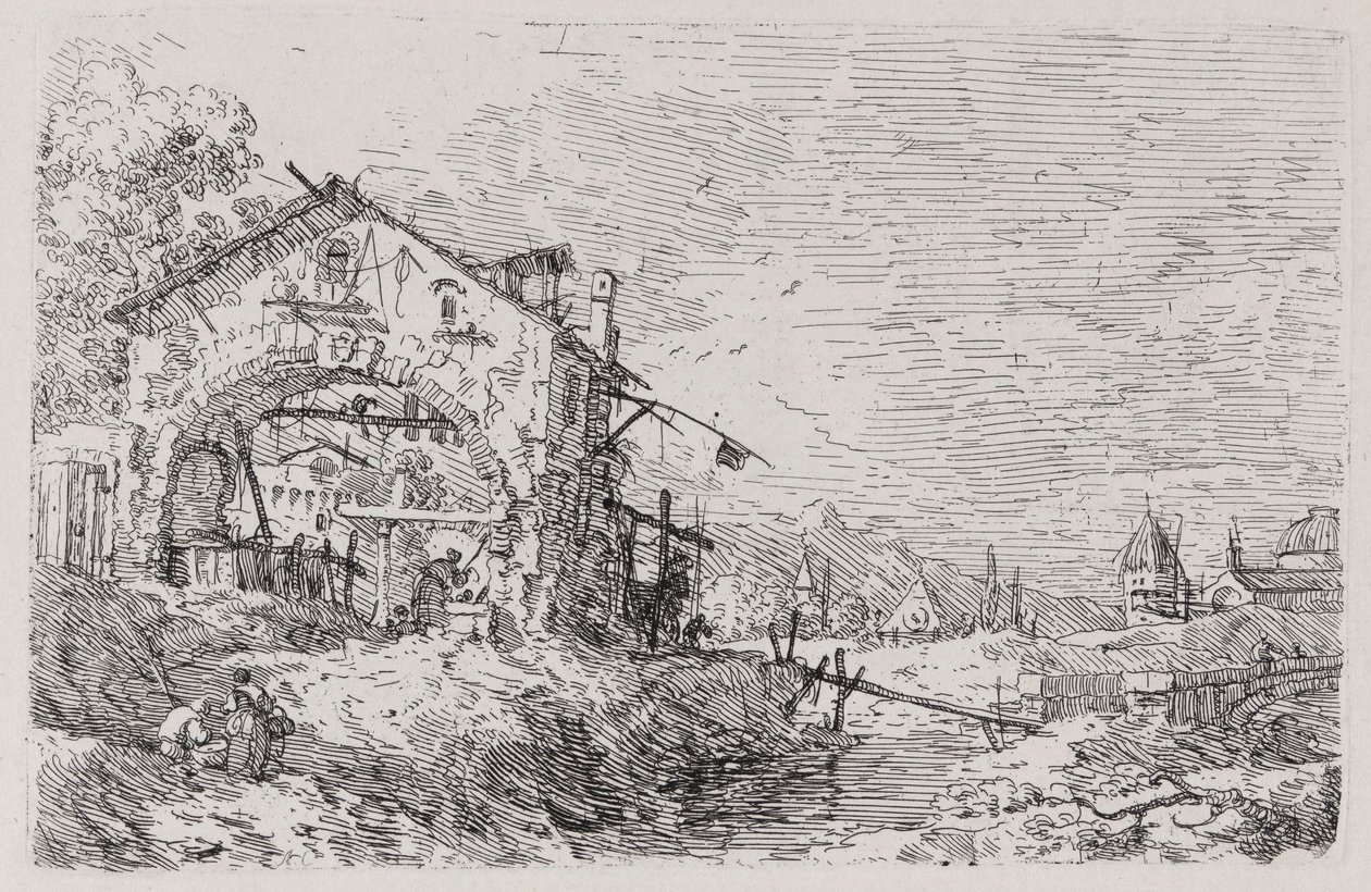 Landskap med en kvinna vid en brunn, från serien Vedute (Views) av Canaletto (Giovanni Antonio Canal)