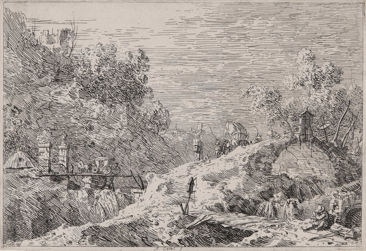 Bergslandskap med fem broar, från serien Vedute (Views) av Canaletto (Giovanni Antonio Canal)