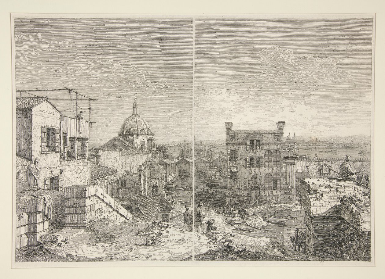 Huset med inskriptionen: MDCCXLI. A. C. [och] Huset med peristylen och sex kolumner, från serien Vedute (Views) av Canaletto (Giovanni Antonio Canal)