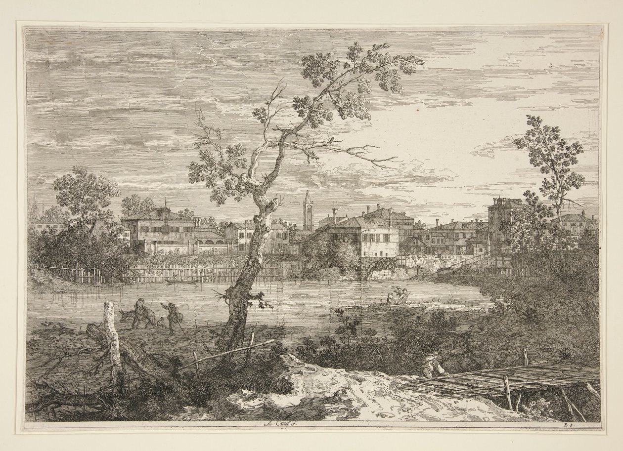 View of a Town on a River Bank, från serien Vedute (Views) av Canaletto (Giovanni Antonio Canal)