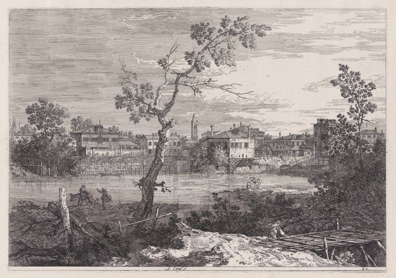 View of a Town on a River Bank, från serien Vedute (Views) av Canaletto (Giovanni Antonio Canal)