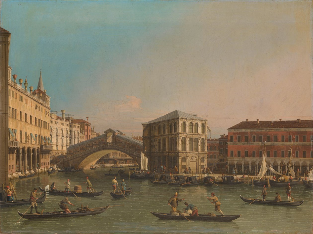 Canal Grande med Rialtobron och Fondaco dei Tedeschi av Canaletto (workshop of)