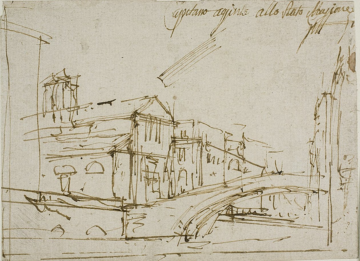 En bro nära en kyrka i Venedig av Canaletto