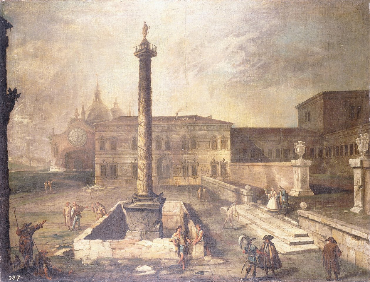 En Capriccio av en Piazza framför ett palats med Marcus Aurelius kolumn, av Giovanni Antonio Canal