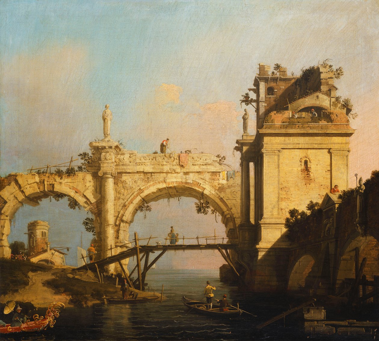 En Capriccio av en förstörd renässansarkad och paviljong vid en vattenväg korsad av en träspång, en orientalisk i en exotiskt dekorerad båt i förgrunden, av Giovanni Antonio Canal