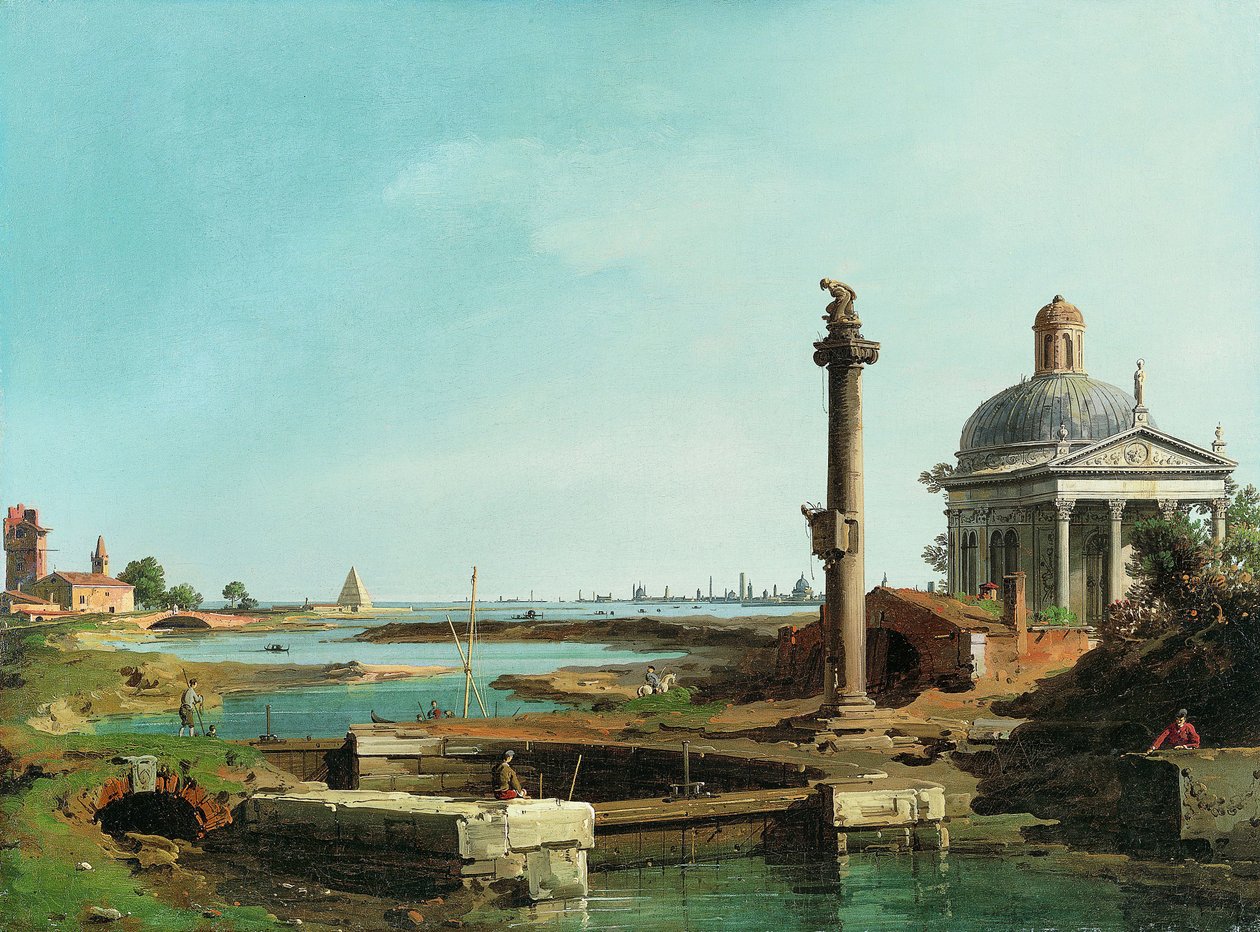 Ett sluss, en kolumn och en kyrka bredvid en lagun. av Giovanni Antonio Canal