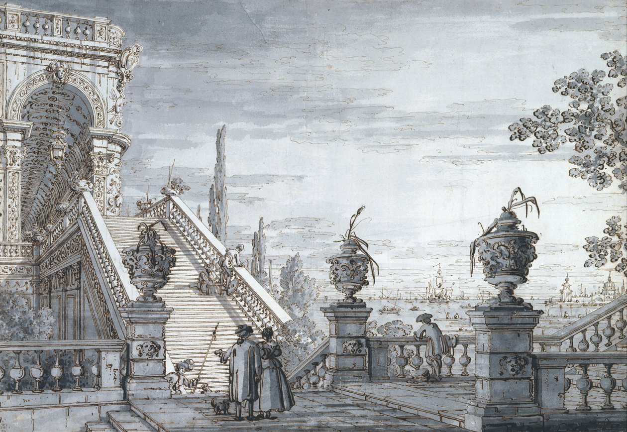 A capriccio with a monumental staircase av Canaletto