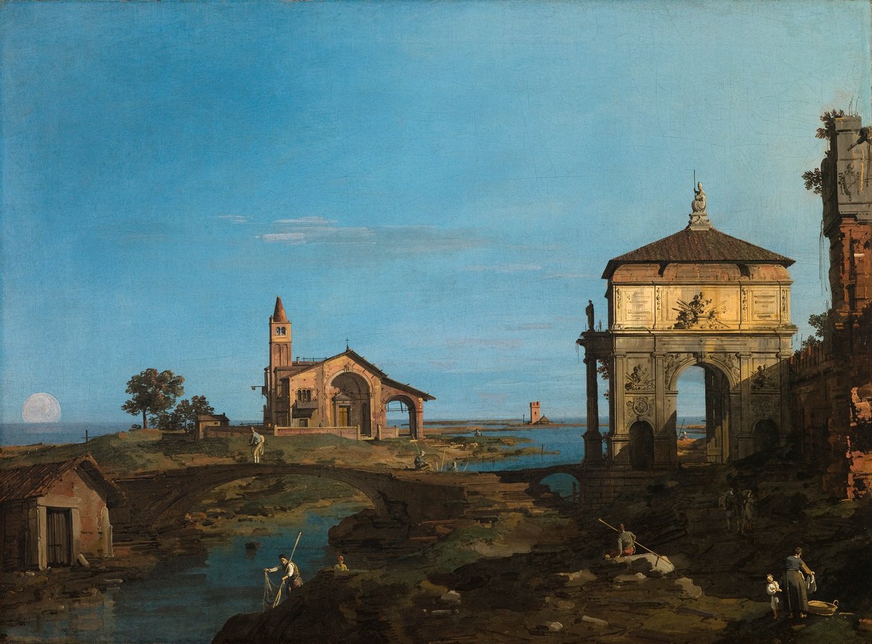 En ö i lagunen med en port och en kyrka av Canaletto