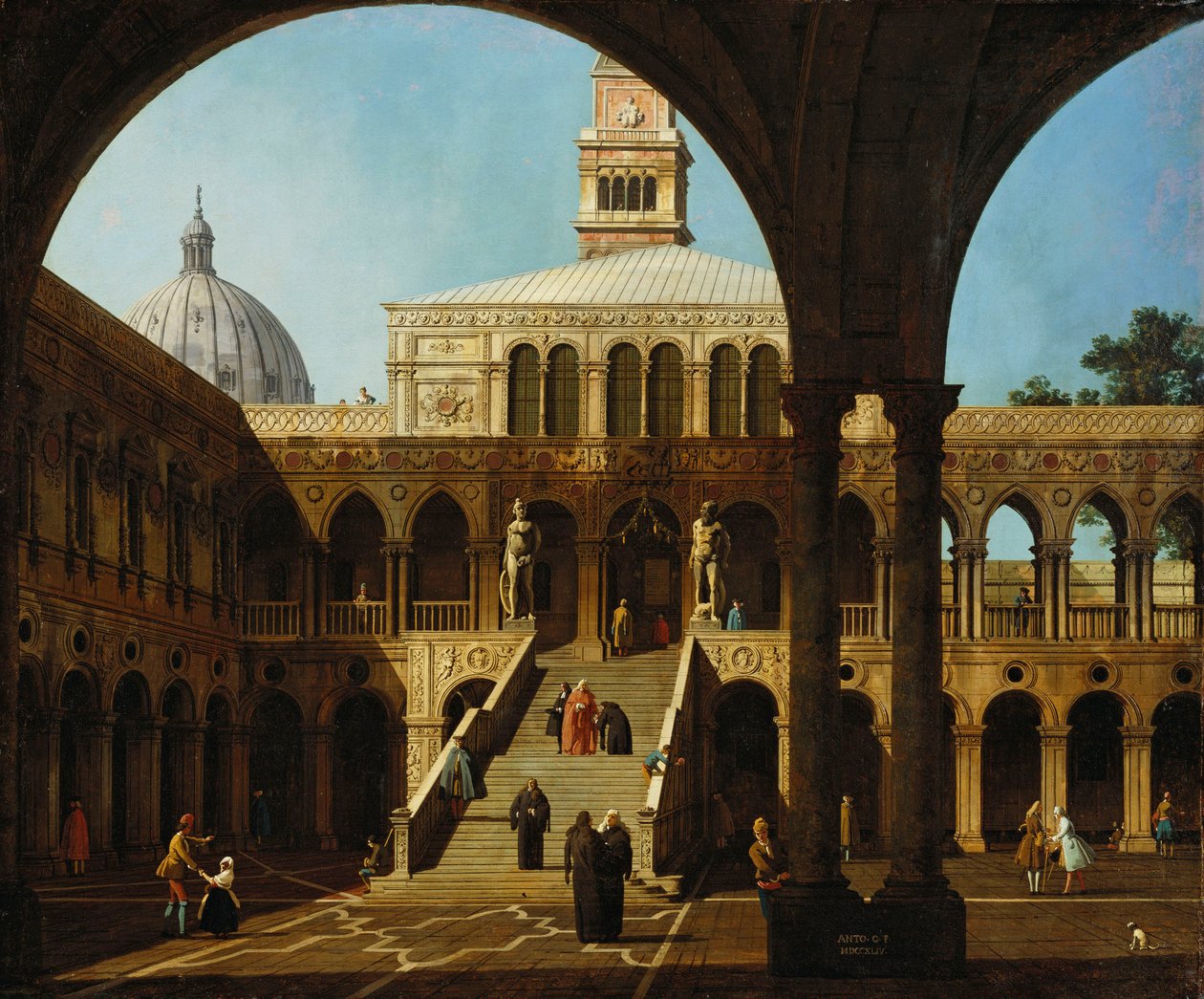 Canaletto - Capriccio Vy över innergården till Palazzo Ducale med Scala dei Giganti Signerad och daterad 1744 av Canaletto