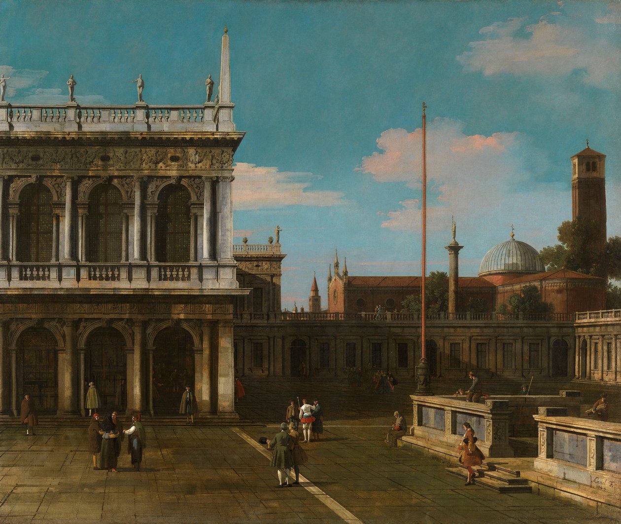 Canaletto - Capriccio Vy över Piazzetta med Libreria Signerad och daterad 1744 av Canaletto