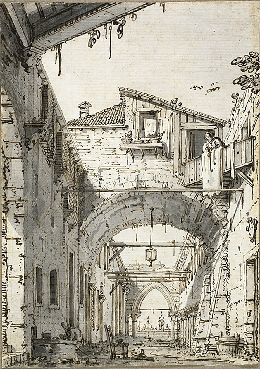 Capriccio: A Street Crossed by Arches (recto) Skisser av dörröppning, trappa och byggnadens andra våning (verso) av Canaletto