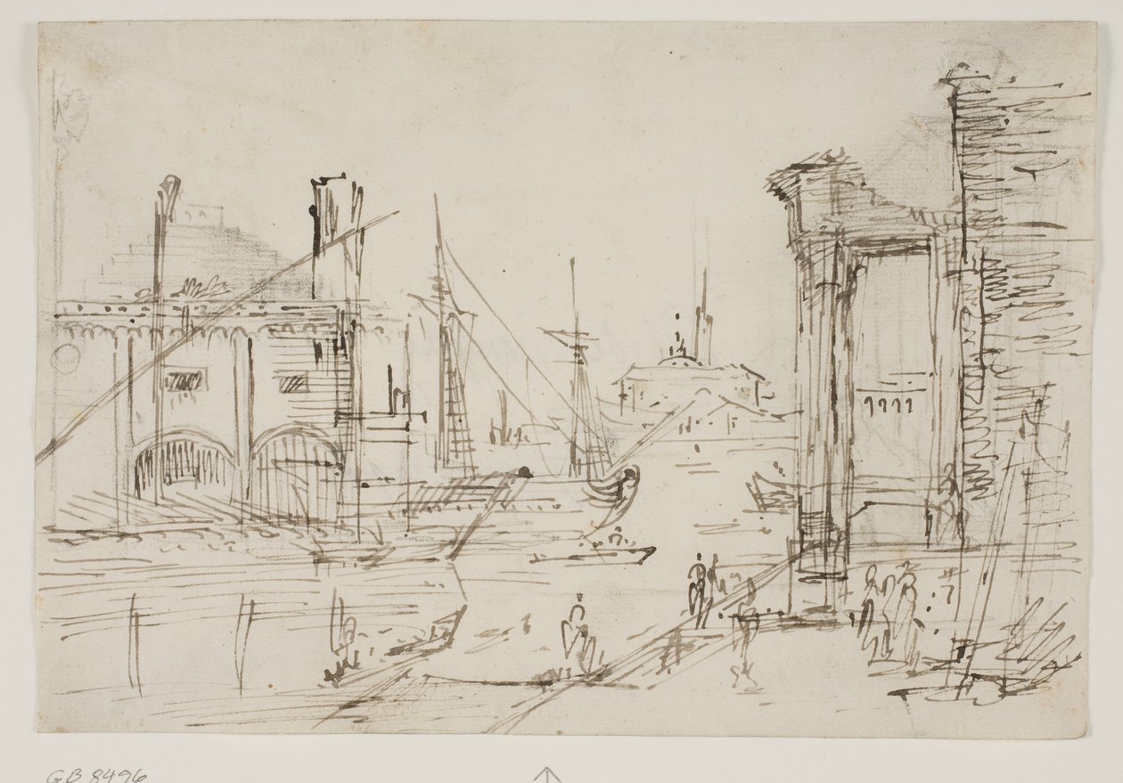 Capriccio med klassiska ruiner på en kaj, ett sjöbod, två galärer, två master på ett segelfartyg bakom dem, en kupolformad kyrka i bakgrunden av Canaletto