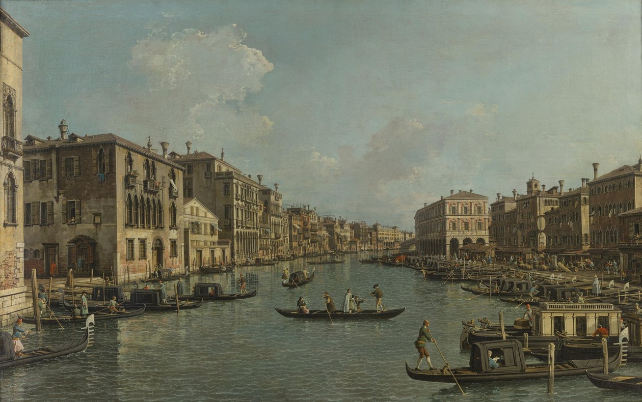 Tyska: Der Canal Grande mit Blick in südöstlicher Richtung auf die Rialtobrücke The Canal Grande with a View Southeast towards the Rialto Bridge av Canaletto