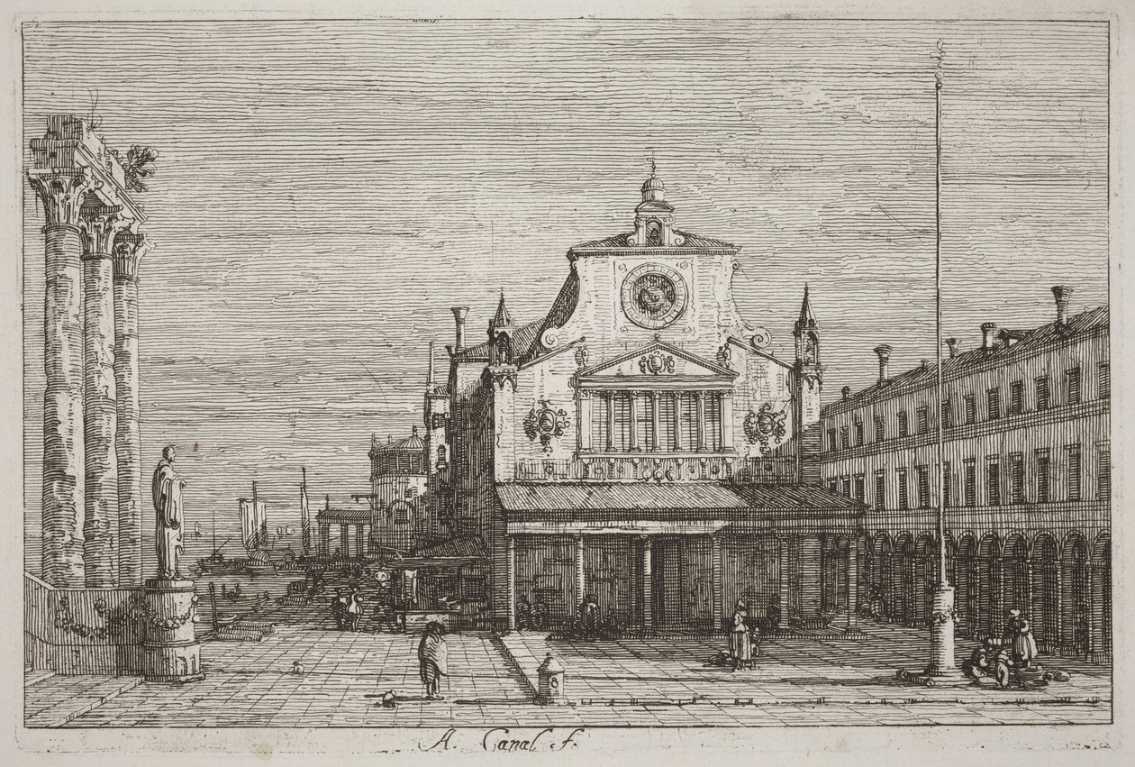 Fiktiv vy över S. Giacomo di Rialto [uppe till höger] av Canaletto