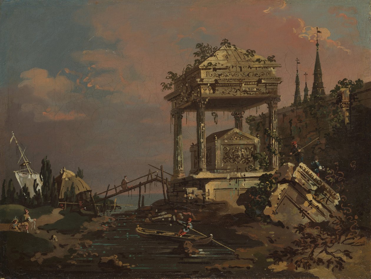Imaginary View with a Tomb by the Lagoon, tidigt 1740-tal. av Giovanni Antonio Canal