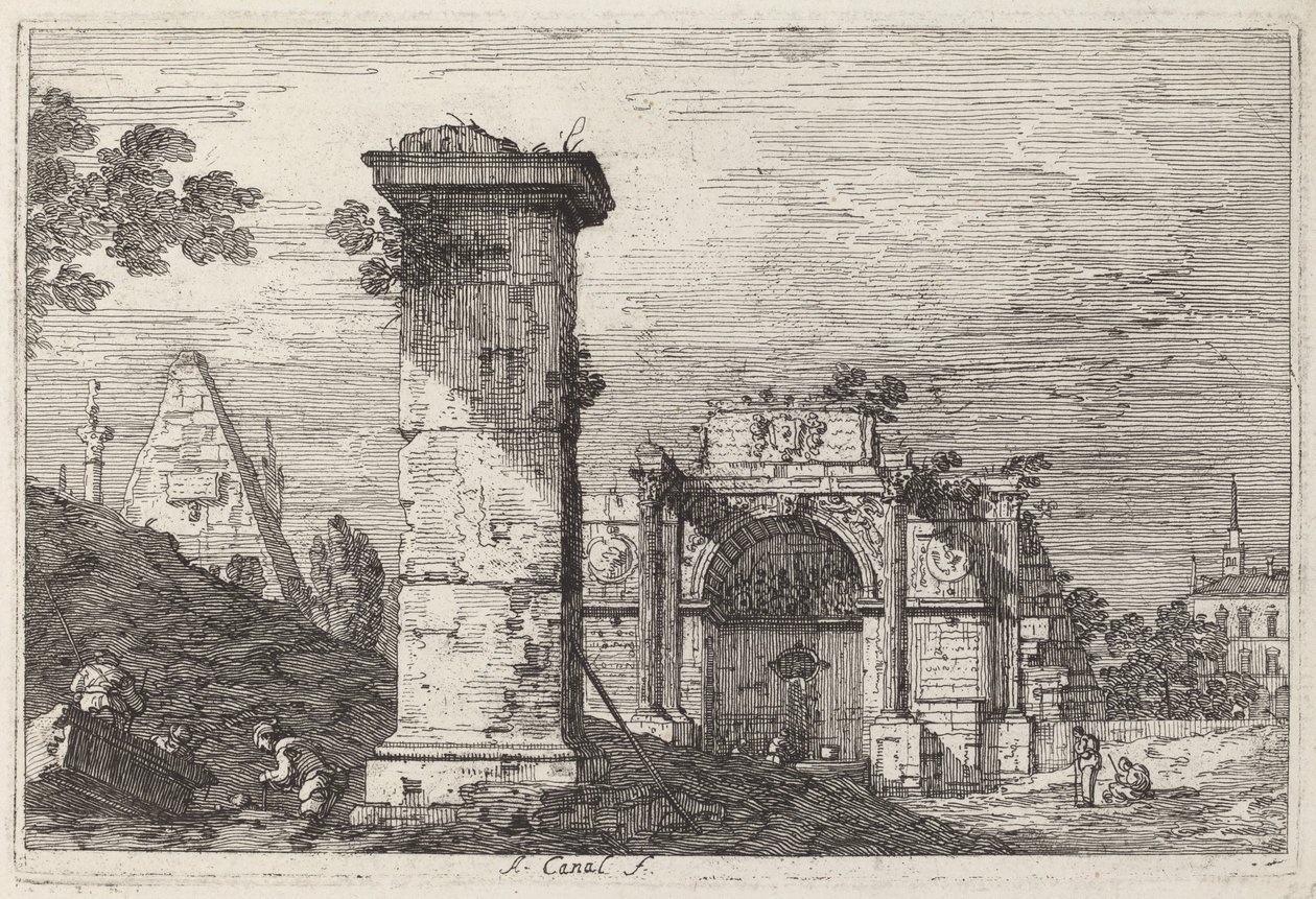 Landskap med ruinerade monument av Canaletto